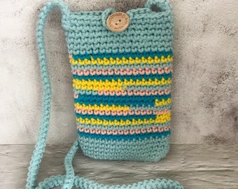 Small, rainbow-colored zipped shoulder bag, phone case, crossbody.