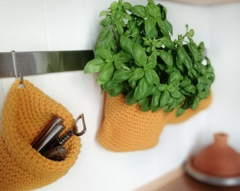 Crochet string hanging baskets