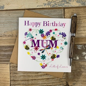 Happy Birthday Mum - Decorative Flower and Bee Heart - Personalised Birthday Card - Posts Worldwide