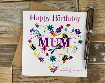 Happy Birthday Mum - Decorative Flower and Bee Heart - Personalised Birthday Card - Posts Worldwide