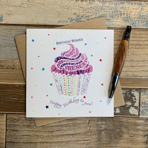 Biglietto di auguri per cupcake di buon compleanno - Design Wordle personalizzato - Posts Worldwide