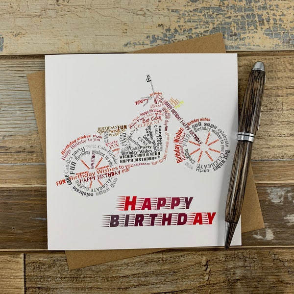 Motorbike Birthday Card - Wordle Style card, Can Be Personalised - Ships Worldwide