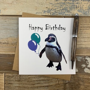 Birthday Card  - Penguin with Balloons  - Can Be Personalised - Happy Birthday - Ships Worldwide