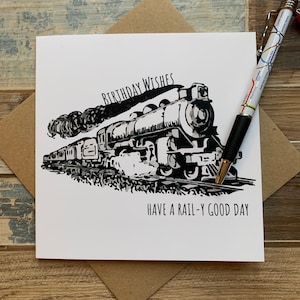 Zug Geburtstagskarte Happy Birthday - Have a Rail-y Good Day - Design mit einem Dampfzug - Posts Weltweit