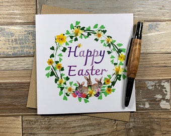 Easter Bunnies in Wreath of Daffodils - Easter Card - Delivers Worldwide