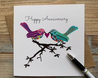 Happy Anniversary Card - Decorative Love Birds on a Branch Design - Posts Worldwide