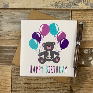 Cartão de primeiro aniversário - design de ursinho de pelúcia e balões - personalizado