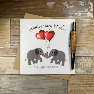 Souhaits d'anniversaire à un couple spécial – Carte d'anniversaire éléphant avec ballons en forme de cœur – Peut être personnalisé