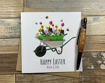 Happy Easter Bee's and Flowers in a Wheelbarrow - Easter Card - Delivers Worldwide