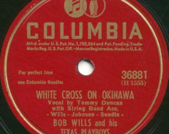 Bob Wills and His Texas Playboys - Empty Chair At The Christmas Table / White Cross On Okinawa - 78 RPM Record - VG Condition