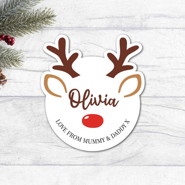 Pegatinas personalizadas de regalo de Navidad, etiquetas de nombre presentes, selladores de sobres de Navidad de reno para pelar y pegar, para niños y familia