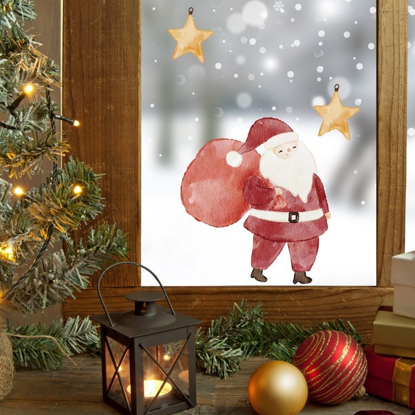 Santa & Stars Hand Drawn Christmas Window Stickers Watercolor Watercolor Xmas Window Decorations