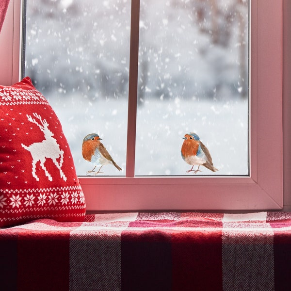 2x Watercolour Robin Christmas Window Stickers Robins Decals Festive Xmas Watercolor Decorations