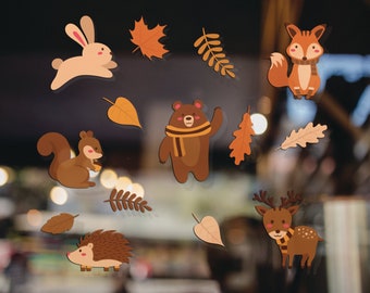 Autumnal Leaves & Woodland Animals Window Stickers, Autumn Window Decals, Removable Autumn Home Fall Decor, Leaves Stickers