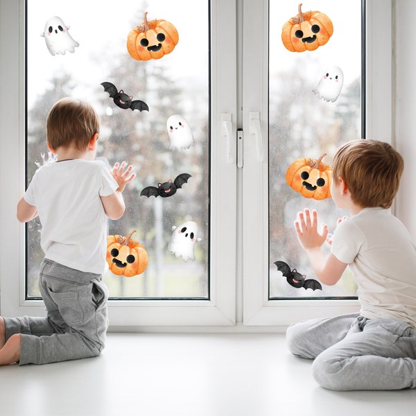 Kids Halloween Decorations, Halloween Window Stickers, Multi Pack Ghosts Pumpkins & Flying Bats Decals Removable