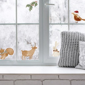 Cute Hand Drawn Animals Set Christmas Window Stickers Robin Reindeer Squirrel Rabbit Holly Xmas Decals
