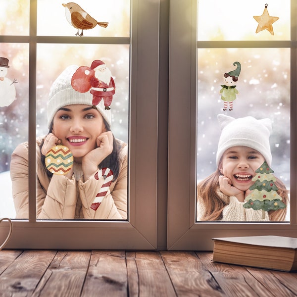 Ensemble de Noël aquarelle mignon autocollants pour fenêtre Père Noël bonhomme de neige bonhomme en pain d'épice