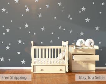 Nursery Wall Decals, Wall Stickers, 120 Silver Metallic Stars, Nursery Wall Stickers, Wall Decals, Wall Art , Vinyl, Wallpaper Home Decor