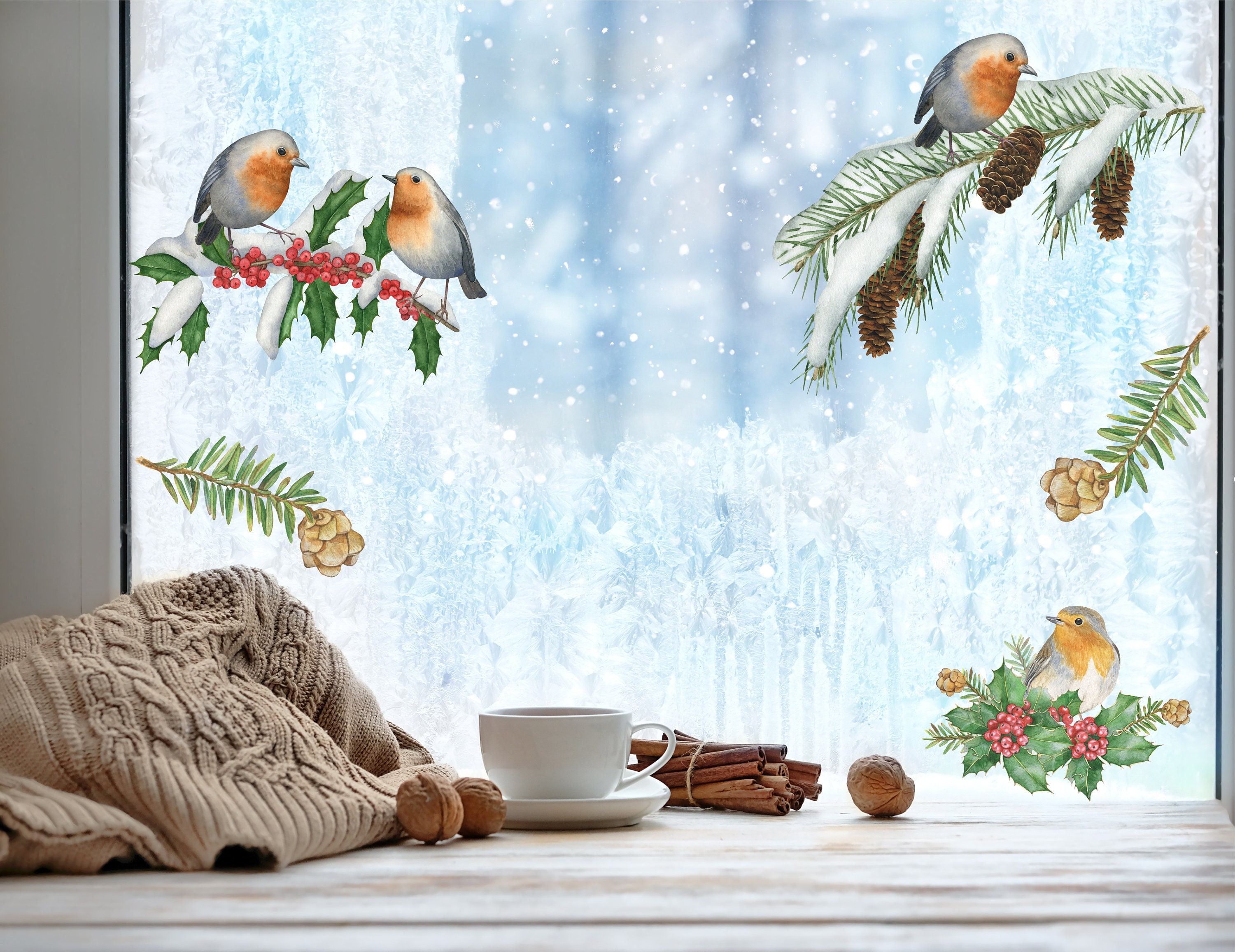 Robin Window Sticker, Christmas Window Decal, Christmas Decoration — free download