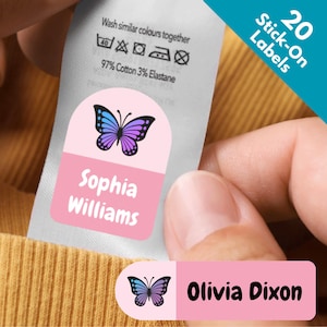 20 etiquetas de mariposa para ropa de niñas, ropa escolar, etiquetas adhesivas con nombre para niños, lavables