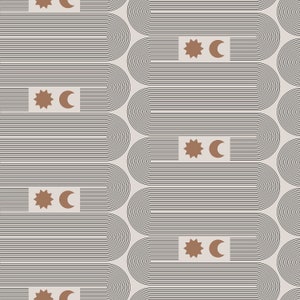 Puede incluir: Patr&oacute;n repetitivo de l&iacute;neas negras curvas sobre fondo beige. El dise&ntilde;o incluye formas rectangulares con una estrella y una luna creciente marrones. La est&eacute;tica general es minimalista y geom&eacute;trica.