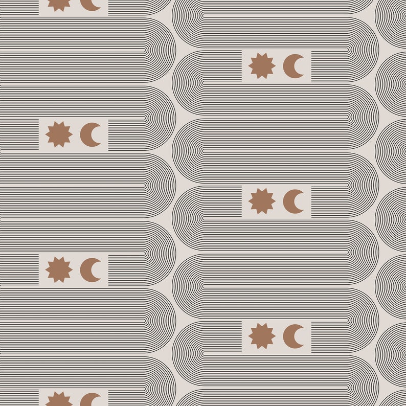 Puede incluir: Patr&oacute;n repetitivo de l&iacute;neas negras curvas sobre fondo beige. El dise&ntilde;o incluye formas rectangulares con una estrella y una luna creciente marrones. La est&eacute;tica general es minimalista y geom&eacute;trica.