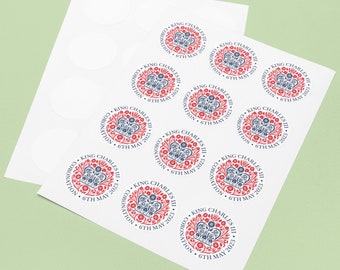 King Charles Round Coronation Stickers Peel & Stick Labels Celebration Official