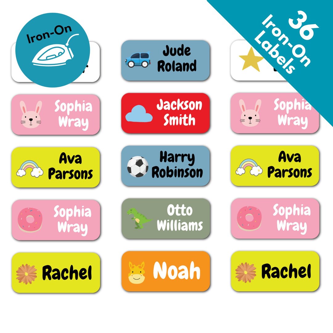 36 X Iron-on Name Label Tags FOR Kids Clothes - Washable Iron on Name ...