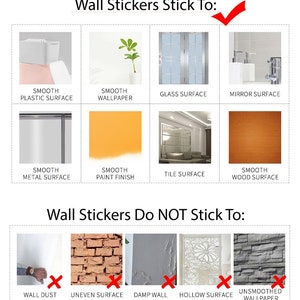 May include: A chart showing where wall stickers can and cannot be applied. The chart shows images of surfaces where wall stickers can be applied, including smooth plastic, wallpaper, glass, mirror, metal, paint, tile, and wood. The chart also shows images of surfaces where wall stickers cannot be applied, including wall dust, uneven surfaces, damp walls, hollow surfaces, and unsmooth wallpaper.