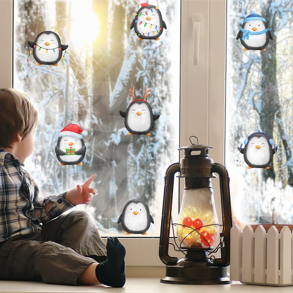 Cute Penguins Christmas Window Decals, Penguin Window Stickers, Xmas Decor, Holiday Window Decals, Christmas Decorations