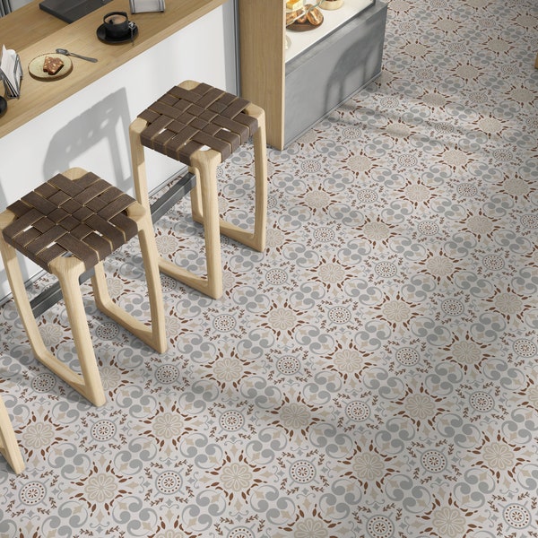 Greige Flower Petal Art Deco Pattern Floor & Wall Tile Stickers per il bagno della cucina