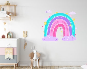 Pastel regenboog muursticker met sterren en wolken