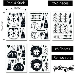 May include: Black and white peel and stick wall decals featuring animals, mountains, trees, arrows, and hearts. The decals come in 5 sheets and contain 62 pieces. The text "quotemywall vinyl & prints" is included on the sheet.