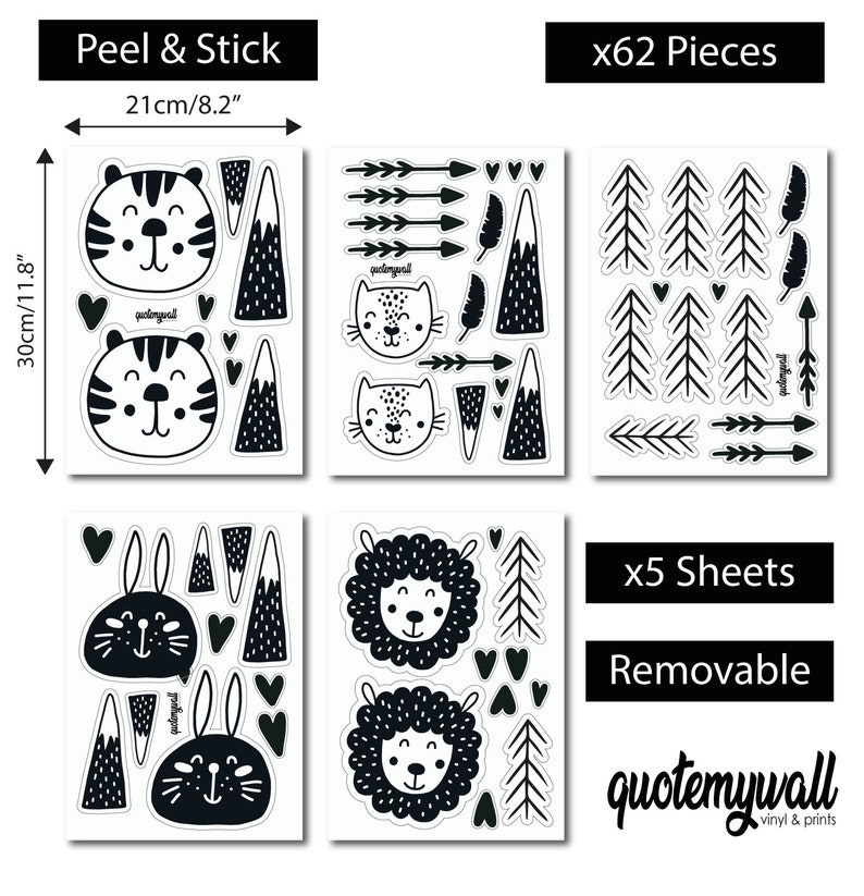 May include: Black and white peel and stick wall decals featuring animals, mountains, trees, arrows, and hearts. The decals come in 5 sheets and contain 62 pieces. The text "quotemywall vinyl & prints" is included on the sheet.
