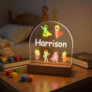Super Heroes Personalized Night Light For Kids Bedrooms - Childrens Custom Night Lamp With Dimmer Super Hero