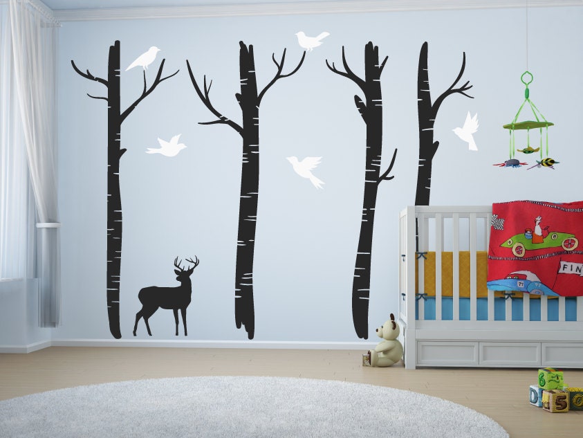 large nursery tree wall decals with deer & birds/tree wall art decal
