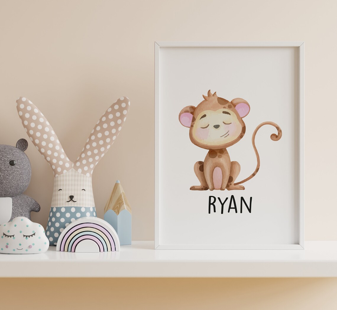 Cute Monkey Personalised Name Nursery Print Etsy