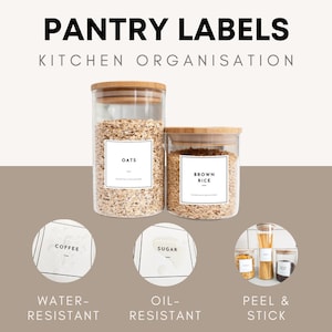 May include: A set of pantry labels for kitchen organization. The labels are water and oil resistant and peel and stick. The labels are shown on glass jars filled with oats, brown rice, coffee, and sugar.