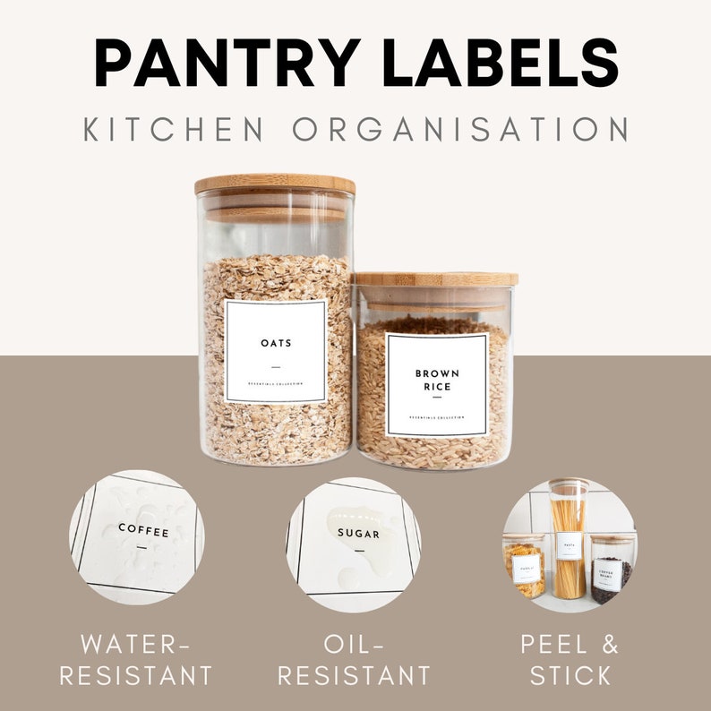 May include: A set of pantry labels for kitchen organization. The labels are water and oil resistant and peel and stick. The labels are shown on glass jars filled with oats, brown rice, coffee, and sugar.