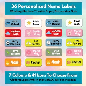 36 étiquettes autocollantes nominatives sans repassage pour vêtements d'école pour enfants - Étiquettes de vêtements pour crèches maternelles lavables personnalisées