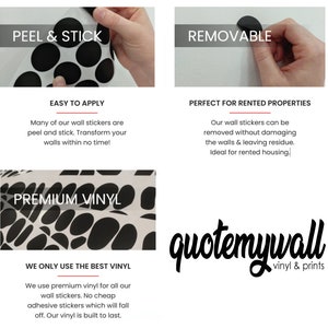 May include: Black and white polka dot wall decals with the text "Peel & Stick", "Removable", "Easy to Apply", "Premium Vinyl", "We Only Use The Best Vinyl", and "quotemywall vinyl & prints".