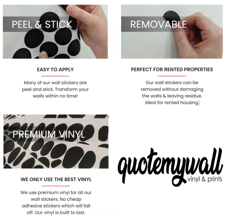 May include: Black and white polka dot wall decals with the text "Peel & Stick", "Removable", "Easy to Apply", "Premium Vinyl", "We Only Use The Best Vinyl", and "quotemywall vinyl & prints".