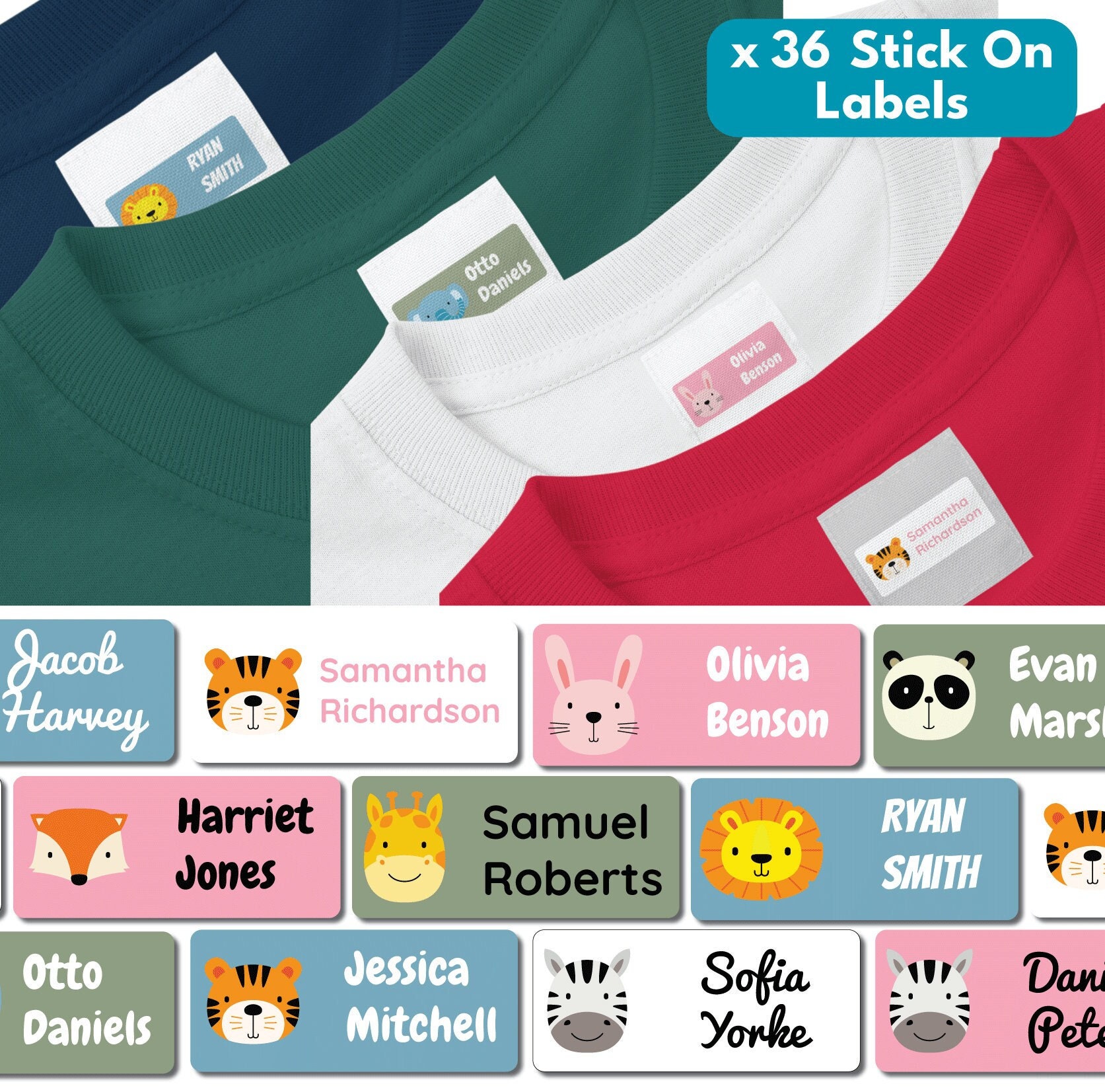 36 Clothing Labels for School Stick on No Iron Name Tags Personalized ...