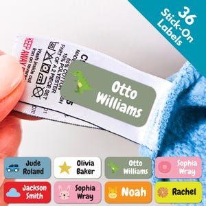 36 etiquetas adhesivas para ropa para niños, ropa y papelería para el regreso a la escuela, etiquetas de nombres lavables, etiqueta adhesiva para botella de agua, lonchera