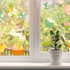 Fönsterklistermärken med påsk- och vårtema Avtagbara påskdekaler Påskhare, äggklistermärken, vårblommor