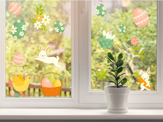 Vetrofanie Pasquali 9 Fogli 70 PZ Adesivi Pasqua per Finestre, Riutilizzabili, Stampa Fronte Retro, Adesivi Statici Decorazioni, Uovo di Pasqua Vetrofanie