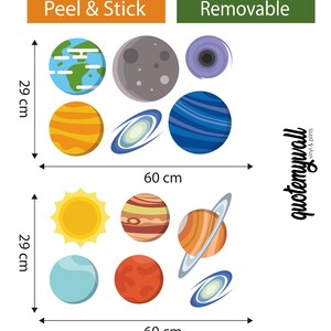 May include: A set of 10 peel and stick wall decals featuring a colorful solar system with planets, stars, and a galaxy. The decals are 60 cm wide and 29 cm high.