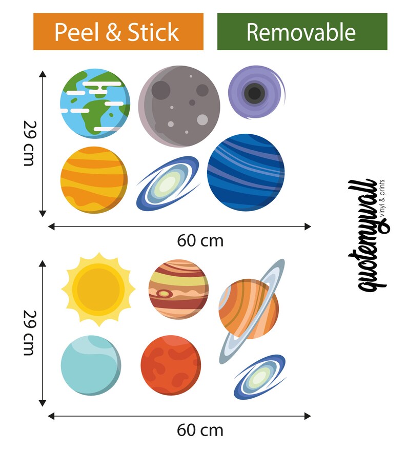 May include: A set of 10 peel and stick wall decals featuring a colorful solar system with planets, stars, and a galaxy. The decals are 60 cm wide and 29 cm high.