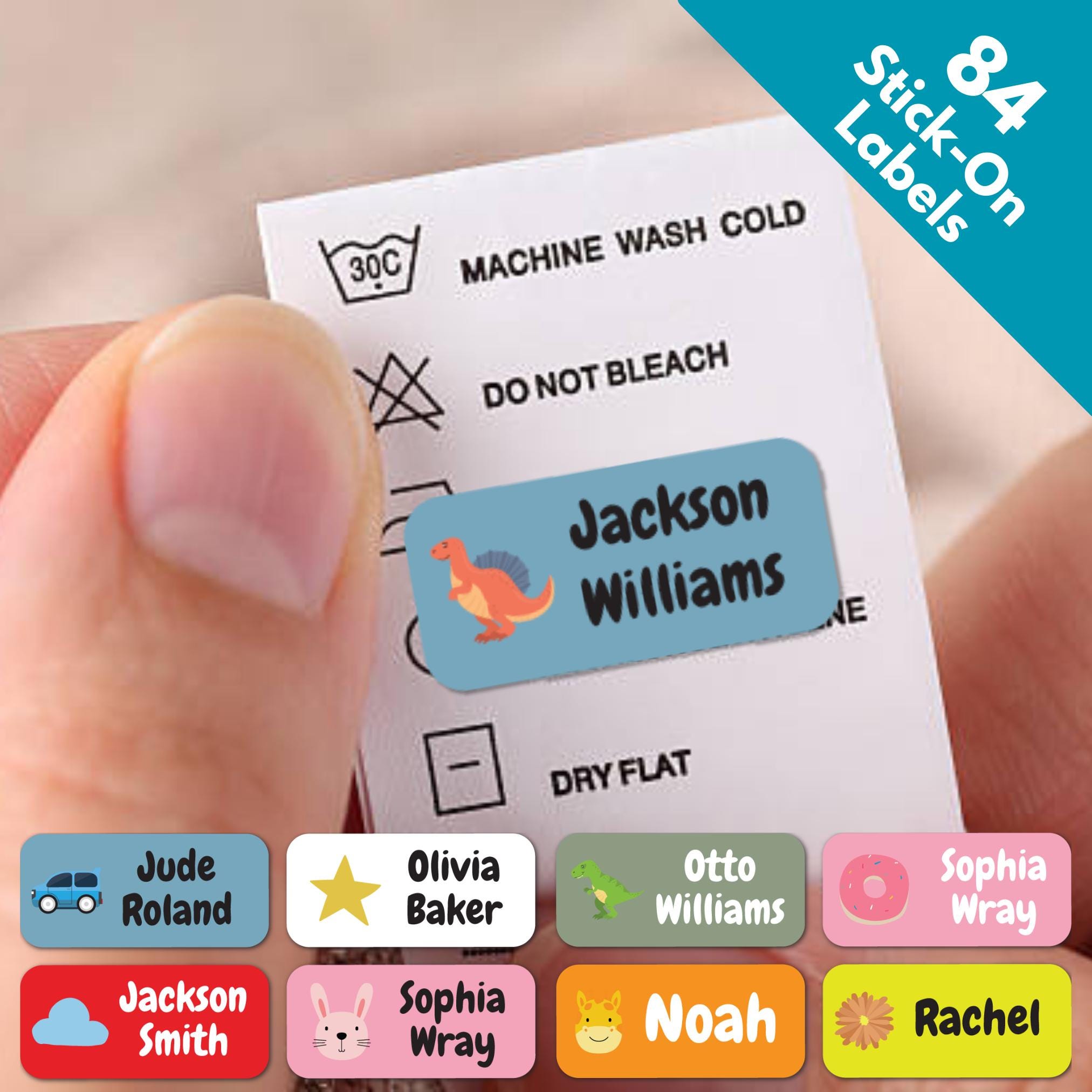 84x Washable Clothes Labels Stick On | Personalized Kids Name Tags for School Uniform | Waterproof Durable No Iron Stickers