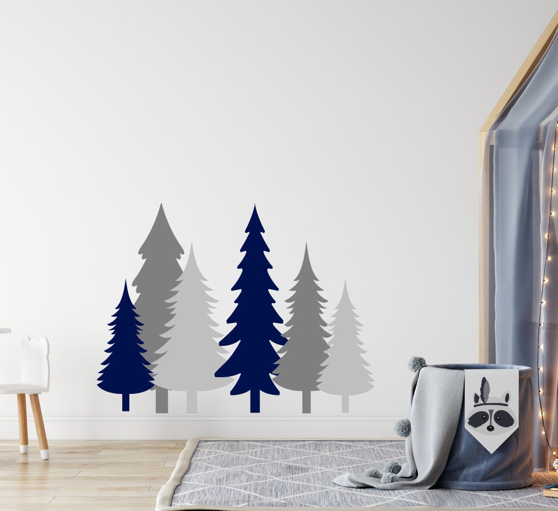 6 Pine Tree Wall Sticker Pack Grey & Dark Blue Etsy UK